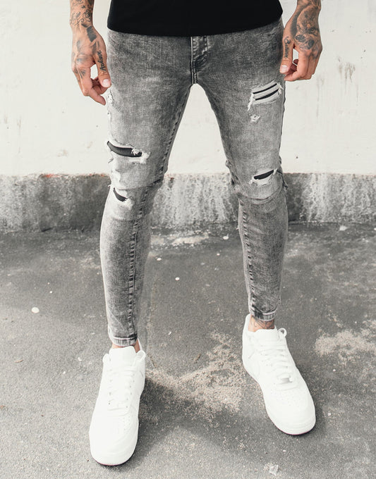 Avora London Conrad Skinny Rip and Patch Jeans in Washed Grey