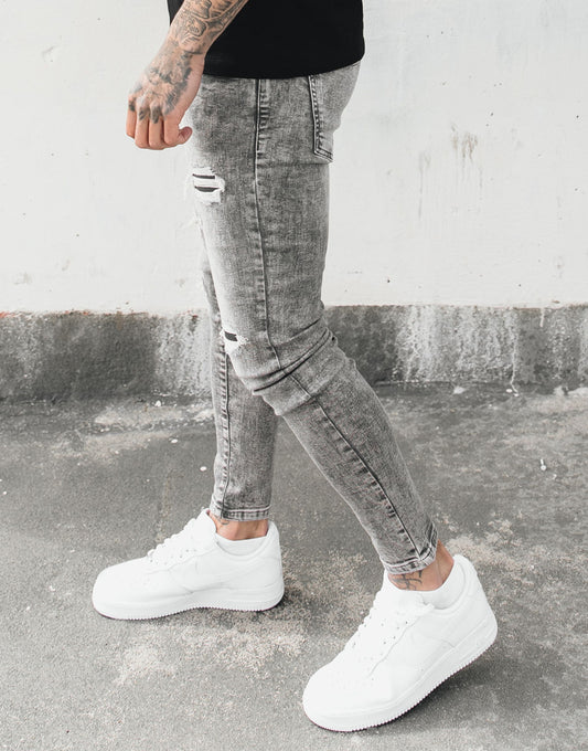 Avora London Conrad Skinny Rip and Patch Jeans in Washed Grey
