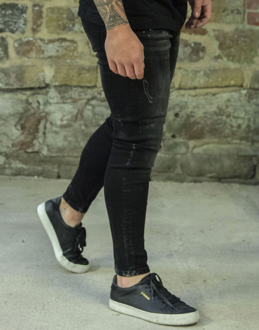 Avora London Mayor Skinny Repair Paint Jeans in Wash Black