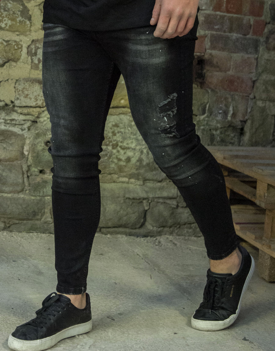 Avora London Mayor Skinny Repair Paint Jeans in Wash Black