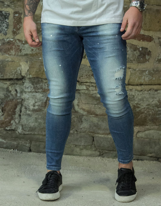 Avora London Mayor Skinny Repair Paint Jeans in Mid Wash Blue