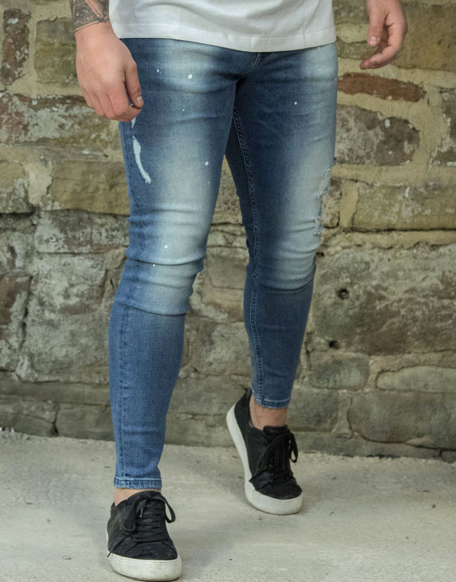 Avora London Mayor Skinny Repair Paint Jeans in Mid Wash Blue