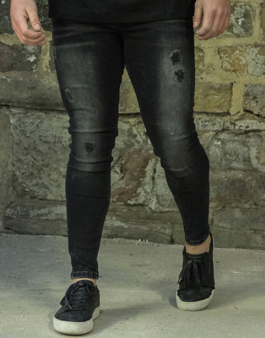 Avora London Ryder Skinny Rip & Repair Jeans in Wash Black