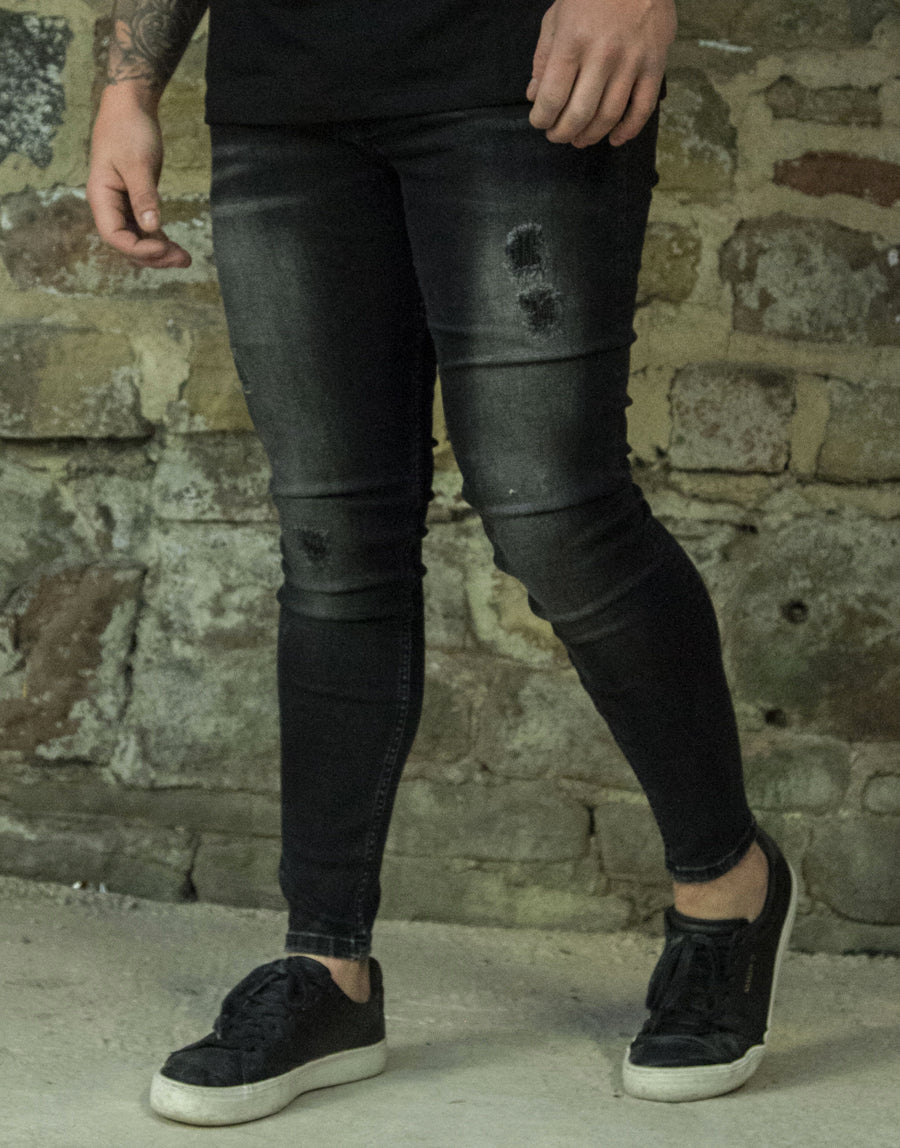 Avora London Ryder Skinny Rip & Repair Jeans in Wash Black