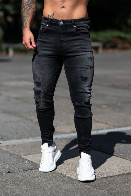 Avora London Chester Skinny Rip & Repaired Jeans in Washed Black