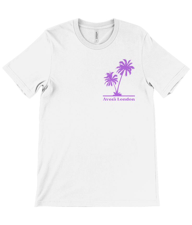 Avora London Palm Trees Back Print T-Shirt in White/Purple
