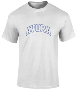 Avora London Varsity Chest Print T-Shirt in White/Royal Blue