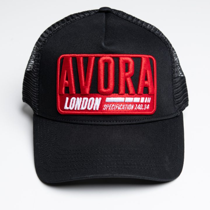 Avora London Axel Mesh Trucker Cap in Black/Red