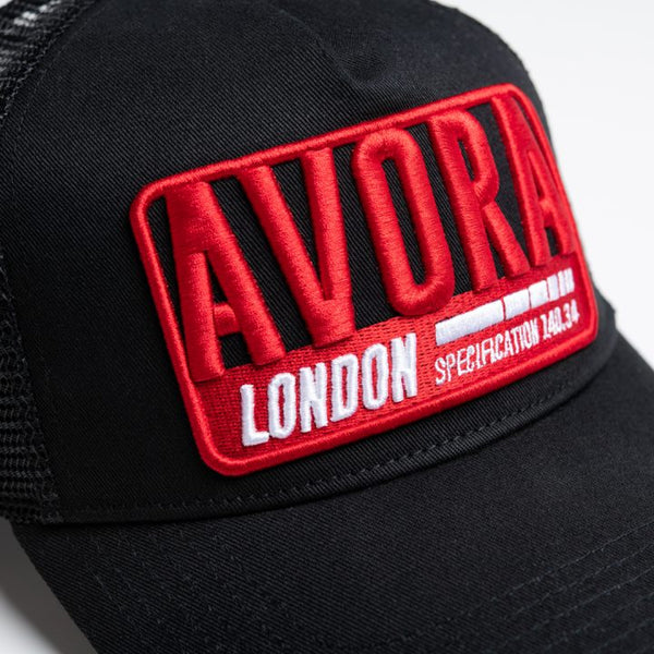 Avora London Axel Mesh Trucker Cap in Black/Red
