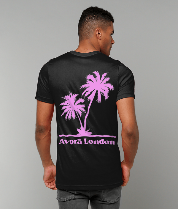 Avora London Palm Trees Back Print T-Shirt in Black/Pink