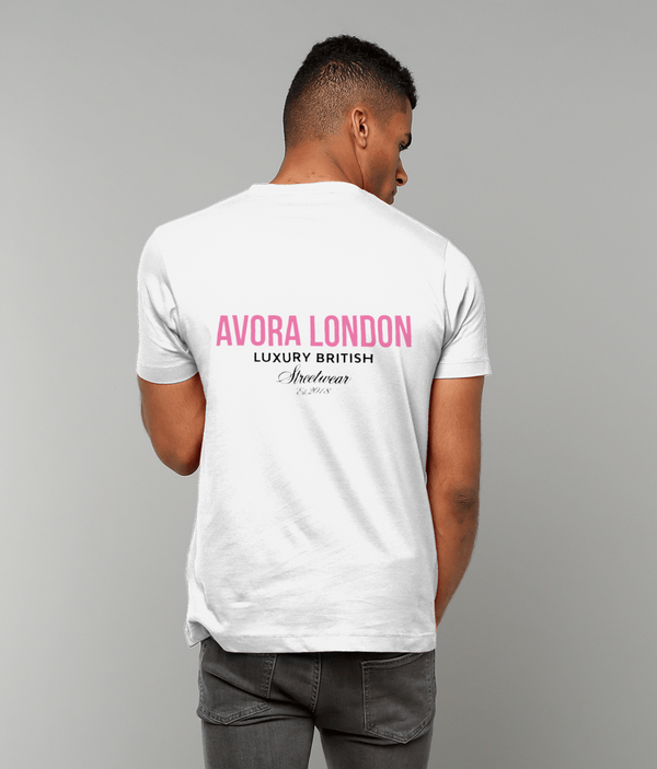 Avora London Statement Back Print T-Shirt in White/Bubblegum Pink