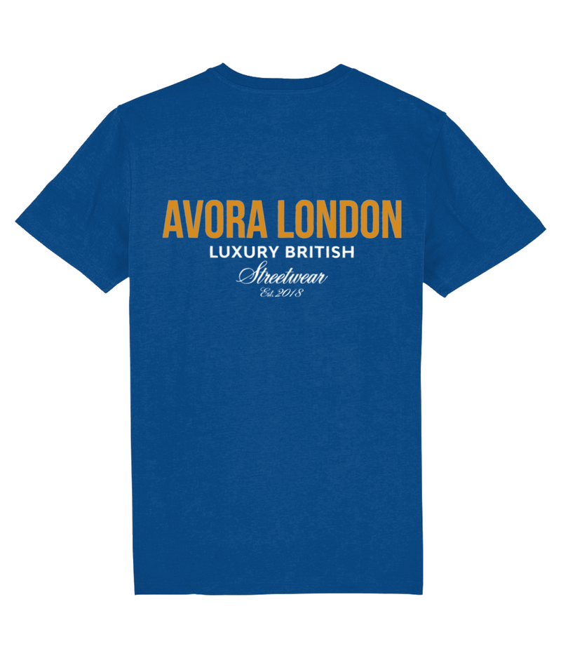 Avora London Statement Back Print T-Shirt in Majorelle Blue/Orange
