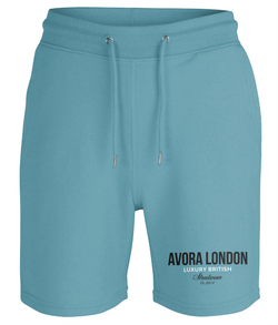 Avora London Statement Logo Print Shorts in Atlantic Blue