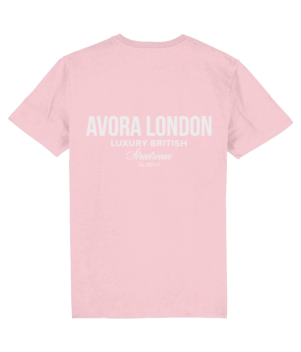 Avora London Statement Back Print T-Shirt in Cotton Pink/White