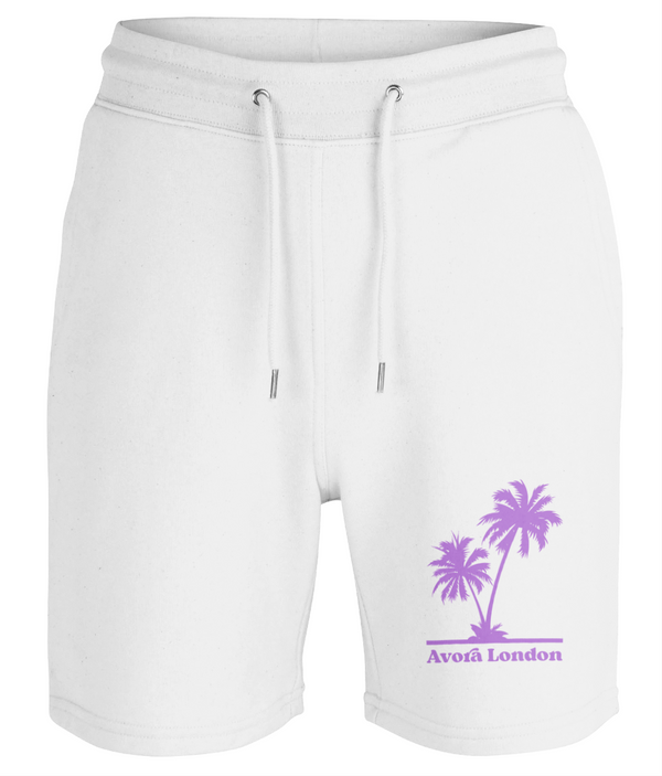 Avora London Palm Tree Jersey Shorts in White/Purple