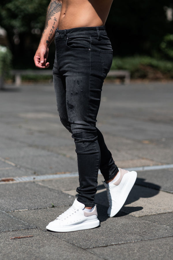 Avora London Chester Skinny Rip & Repaired Jeans in Washed Black