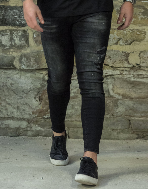 Avora London Mayor Skinny Repair Paint Jeans in Wash Black